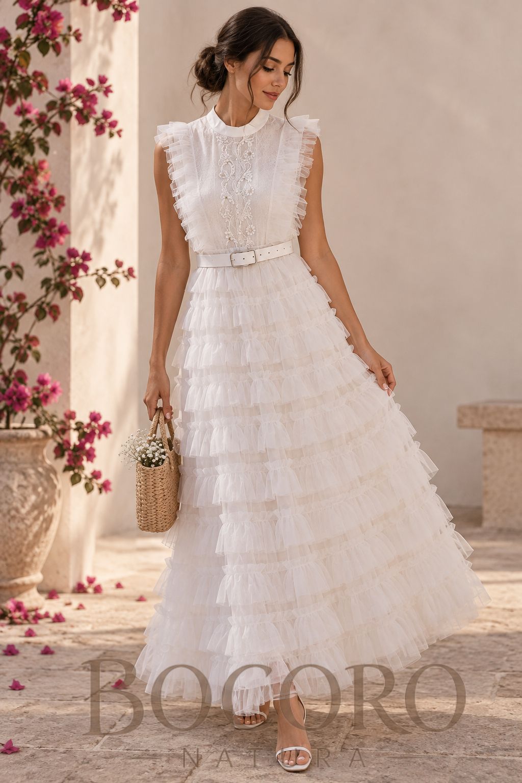 Vestido ruffle de algodón y viscosa