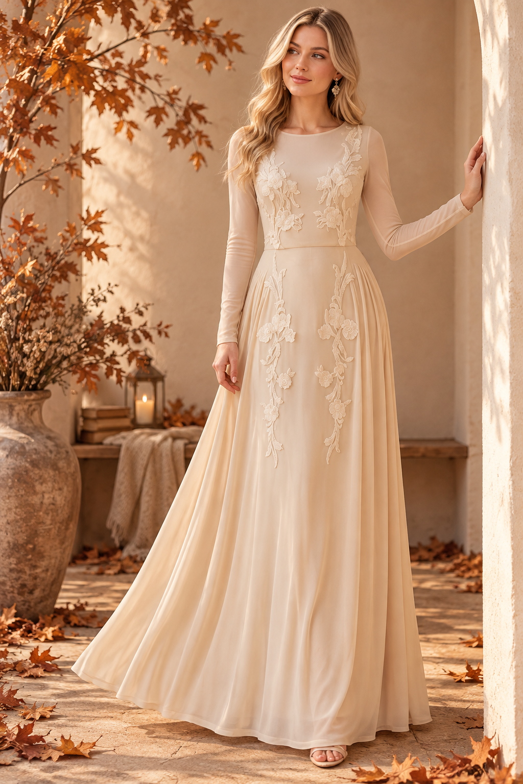 Vestido Largo Elegante de Manga Larga con Bordado Floral, Vestido Maxi Romántico de Noche, Vestido de Fiesta Formal, Vestido para Invitada de Boda, Vestido Corte A
