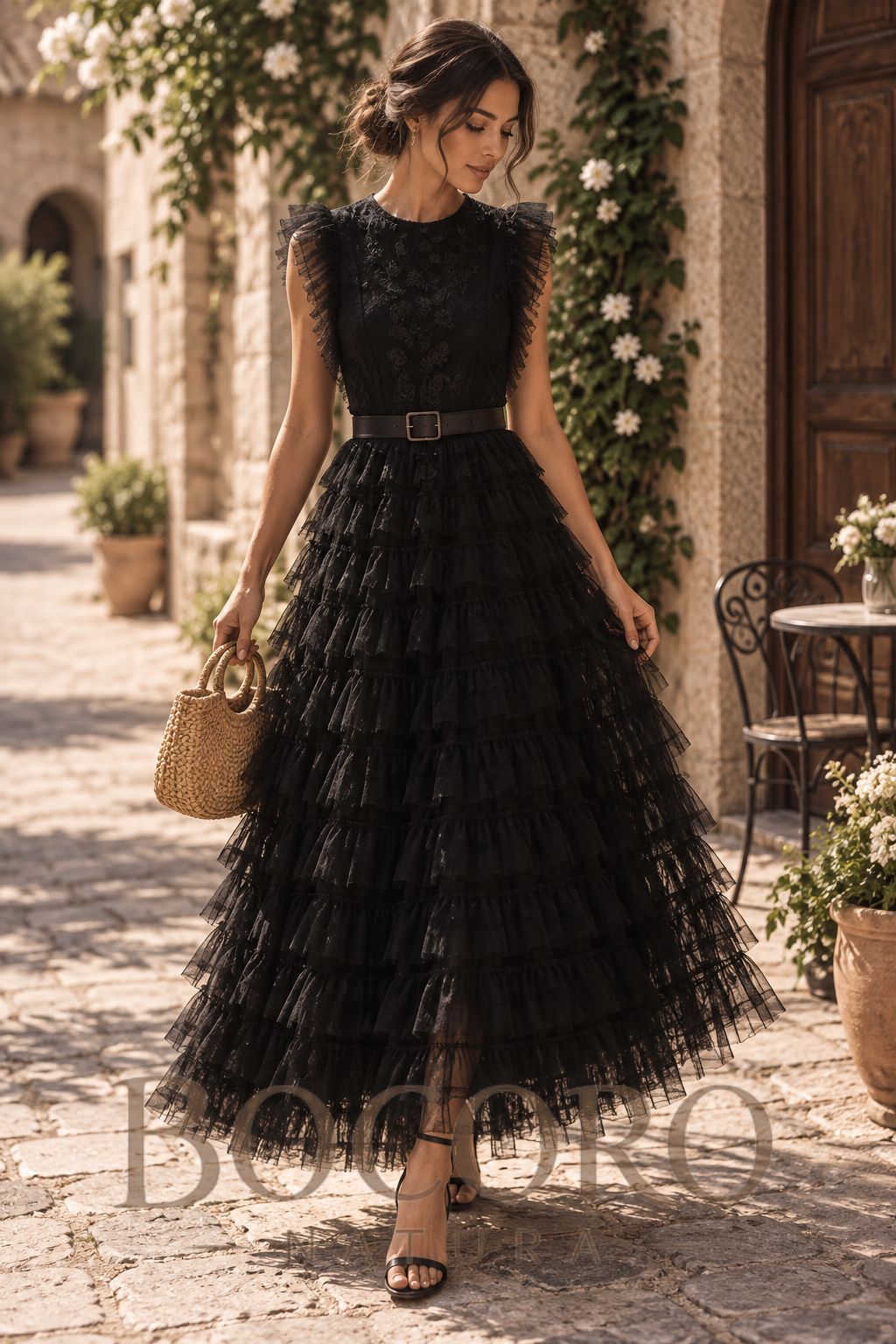 Vestido ruffle de algodón y viscosa