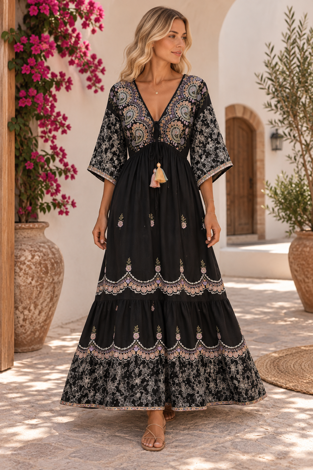 Vestido Bohemio Bordado 100% Algodón