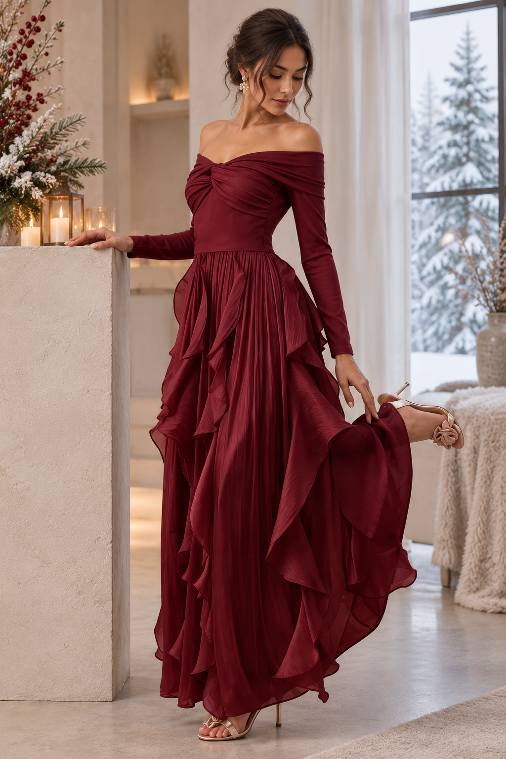 Vestido Largo Escote Bardot, Vestido de Volantes de Manga Larga, Vestido Elegante