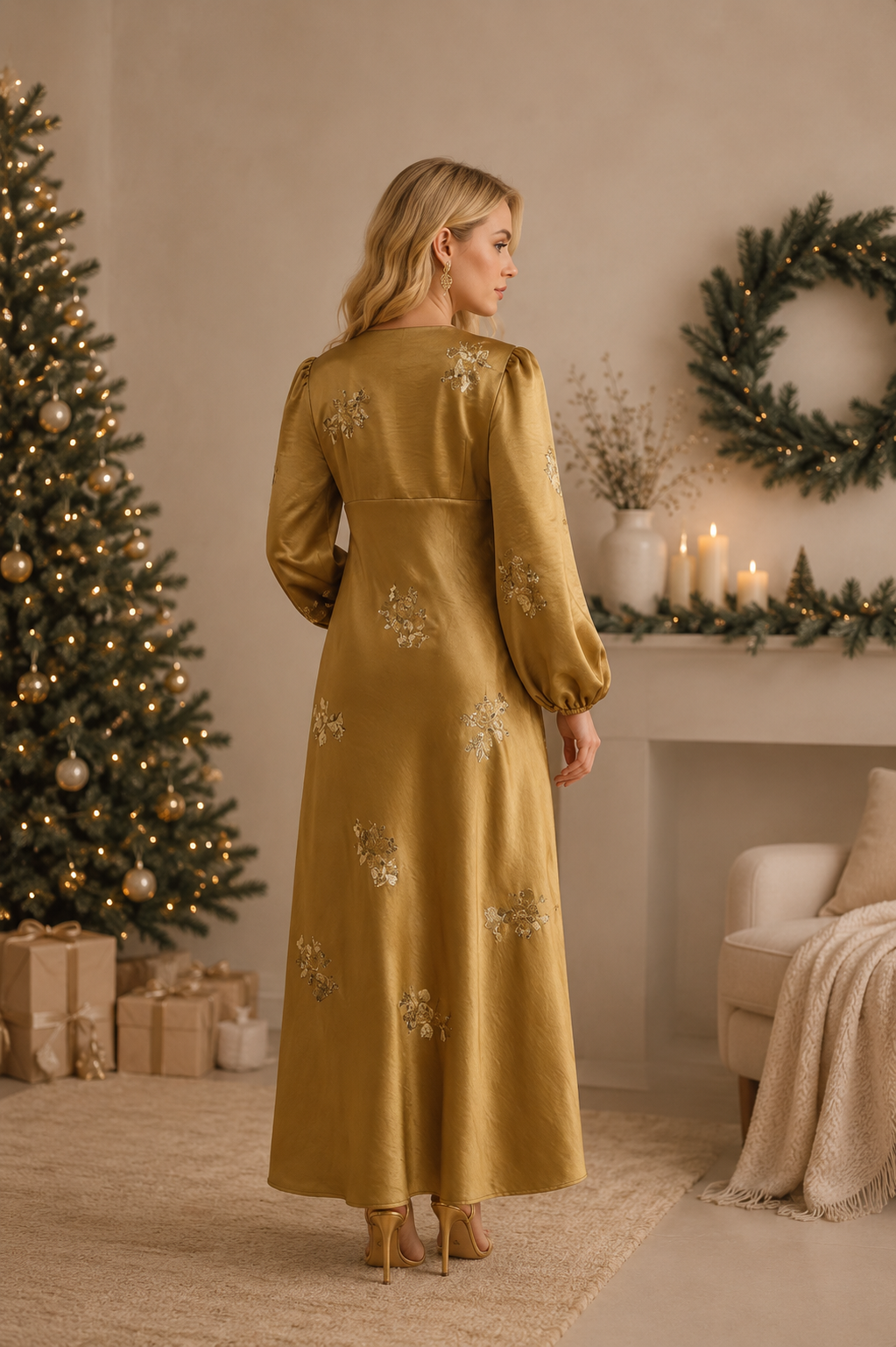 Vestido Largo Dorado de Satén con Lentejuelas, Vestido de Fiesta Elegante, Manga Larga, Vestido de Noche con Bordado Floral de Lentejuelas