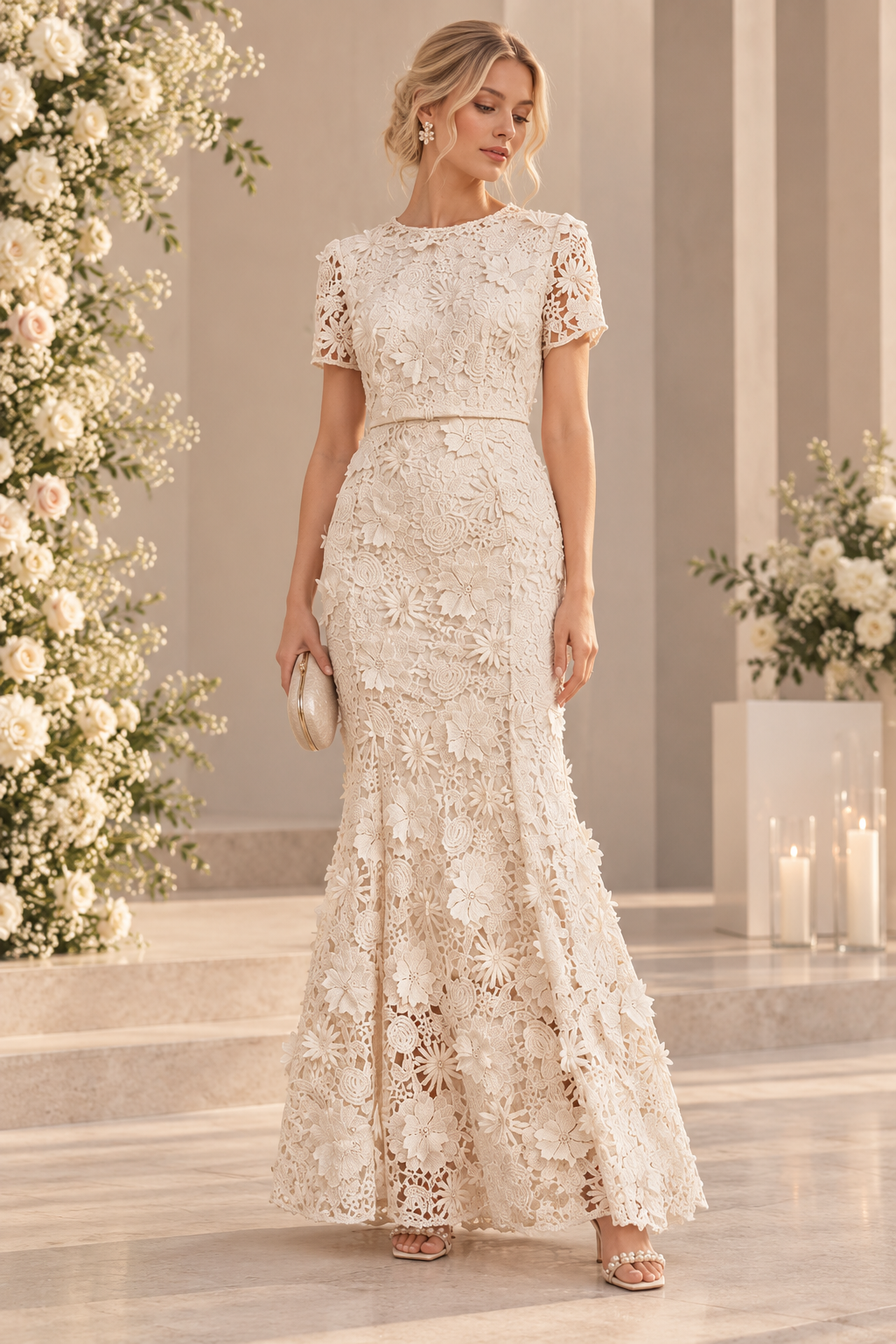 Vestido Largo de Encaje Floral Marfil