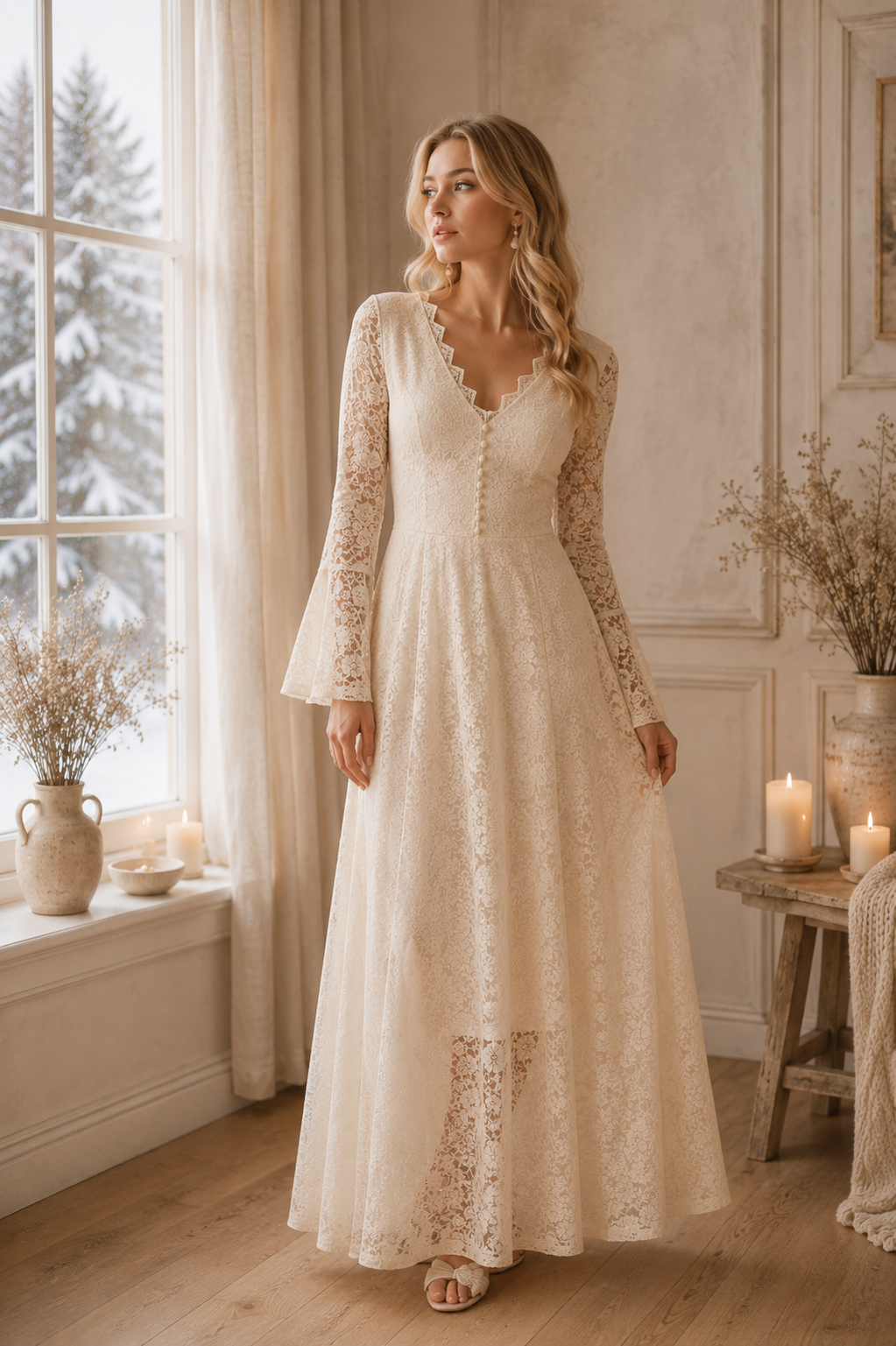 Vestido Largo de Encaje Marfil, Vestido Romántico de Manga Larga, Vestido Vintage para Invitada de Boda, Vestido Boho Elegante, Vestido Formal Femenino