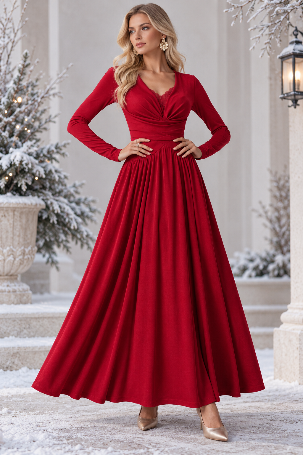 Vestido largo elegante de manga larga, escote en V drapeado con detalle de encaje
