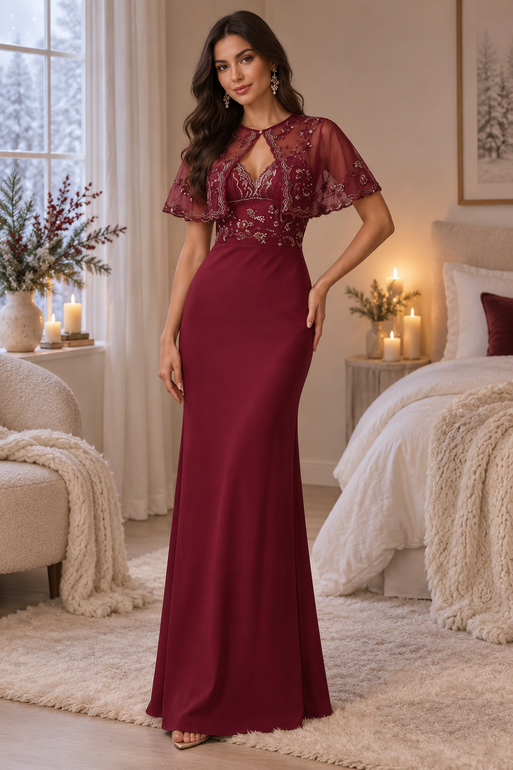 Conjunto de Vestido Largo y Capa con Lentejuelas