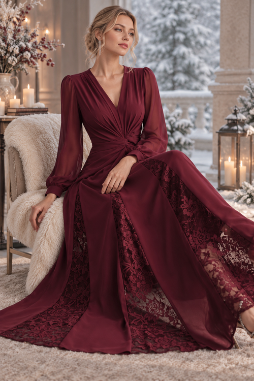 Vestido Largo Burdeos de Encaje, Vestido Elegante de Manga Larga, Vestido de Noche con Cintura Fruncida, Vestido Formal para Fiesta, Invitada de Boda