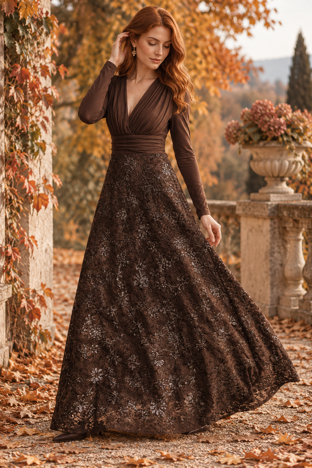 Vestido marrón de Flores con Lentejuelas