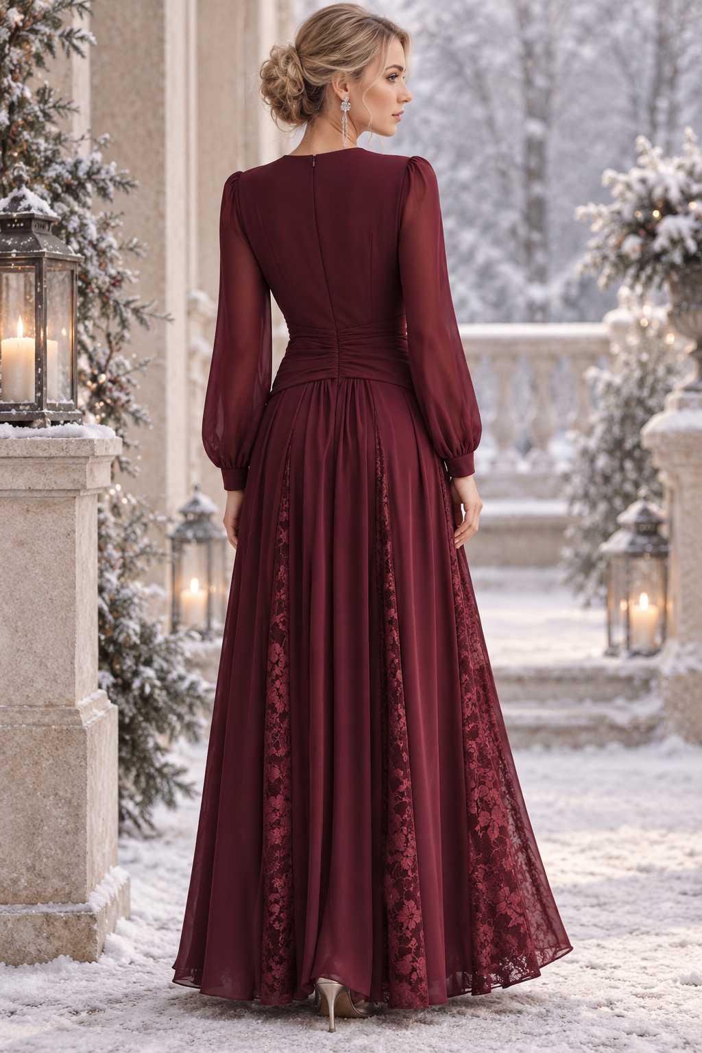Vestido Largo Burdeos de Encaje, Vestido Elegante de Manga Larga, Vestido de Noche con Cintura Fruncida, Vestido Formal para Fiesta, Invitada de Boda