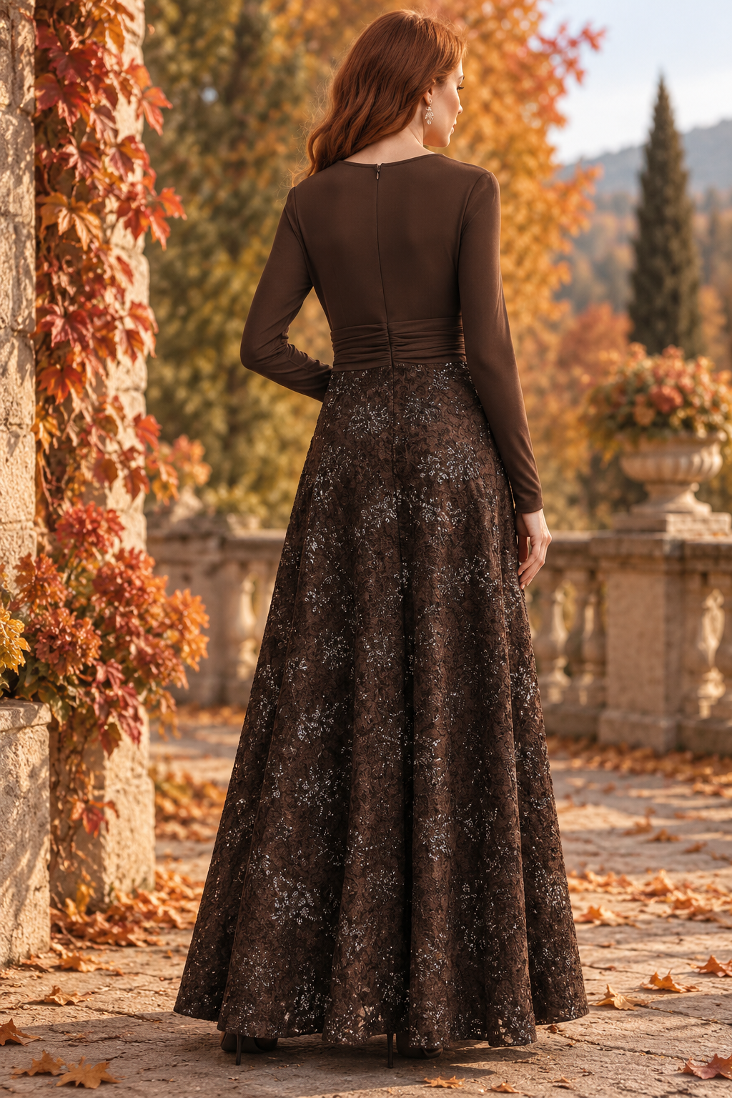 Vestido marrón de Flores con Lentejuelas