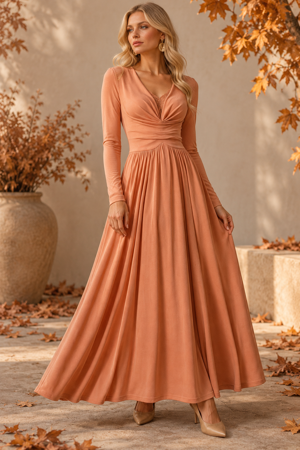 Vestido largo elegante de manga larga, escote en V drapeado con detalle de encaje