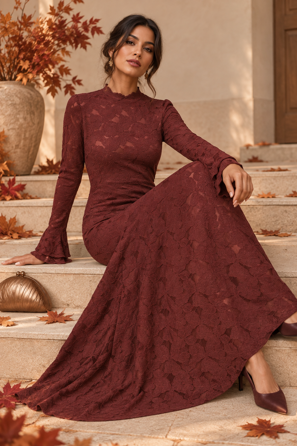 Vestido Largo Burdeos de Encaje