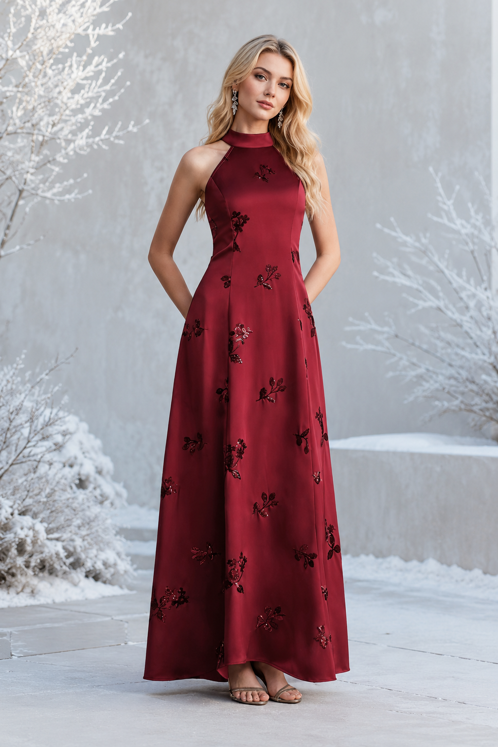 Vestido Largo Burdeos de Satén con Bordado Floral, Vestido Elegante de Cuello Halter, Espalda Abierta, Vestido de Fiesta y Noche, Invitada de Boda