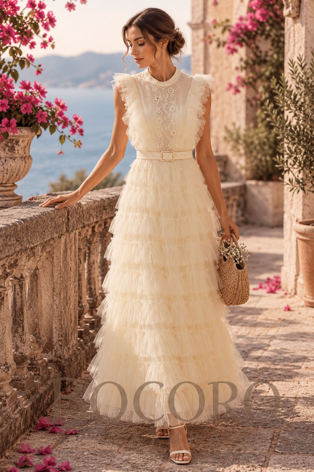 Vestido ruffle de algodón y viscosa