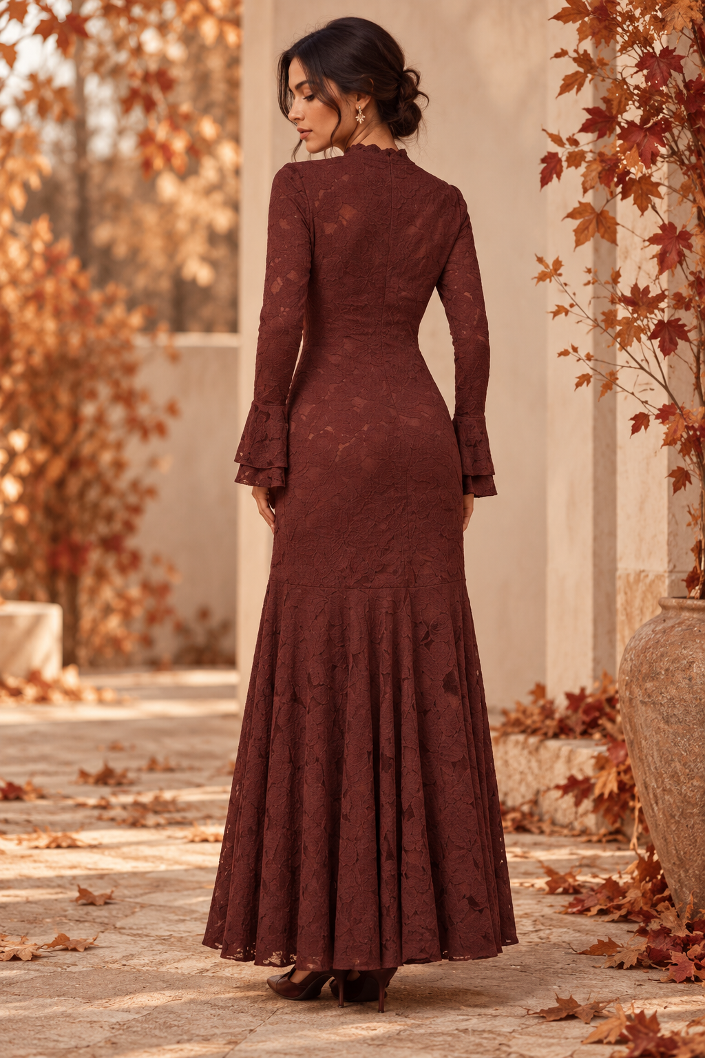 Vestido Largo Burdeos de Encaje