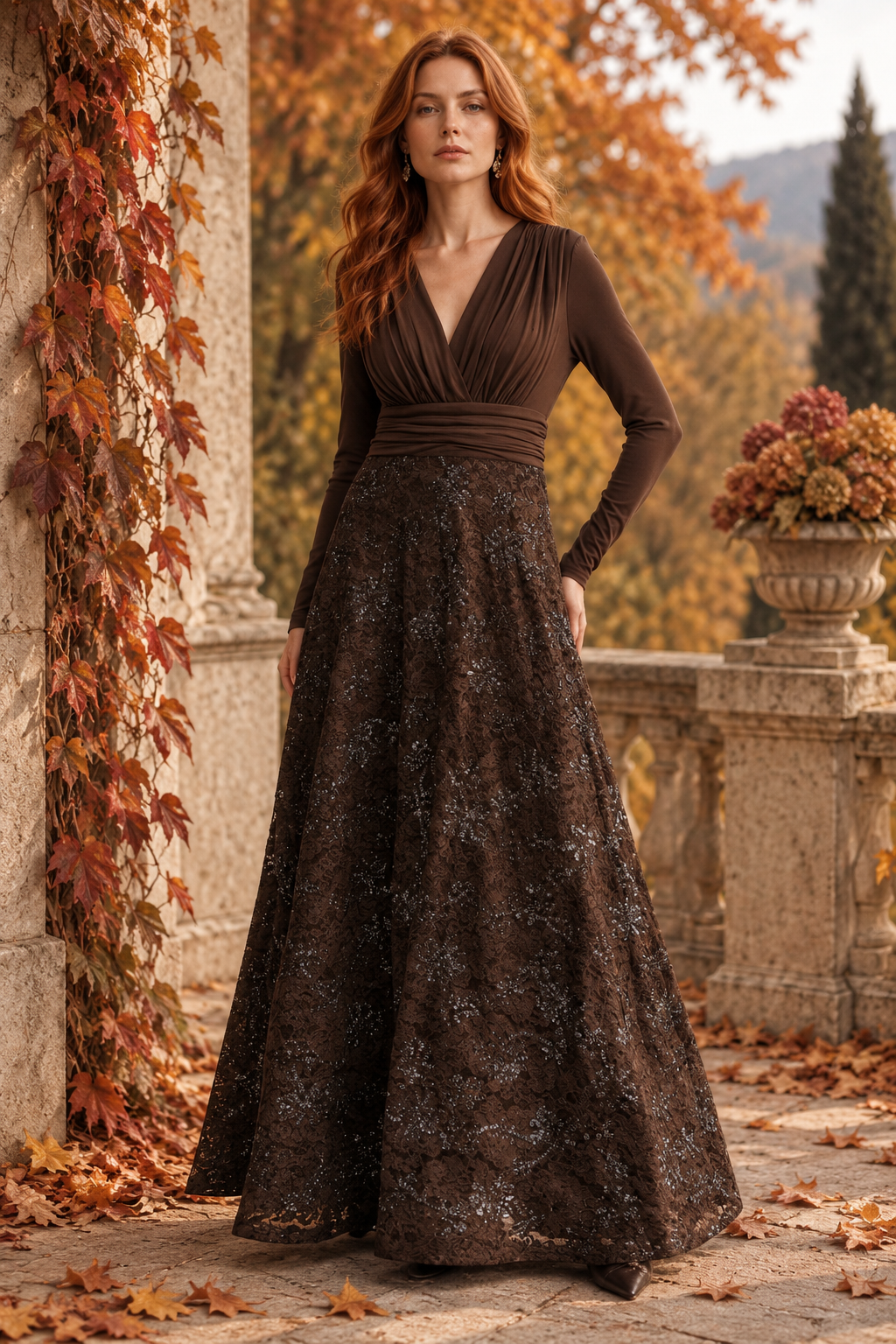 Vestido marrón de Flores con Lentejuelas