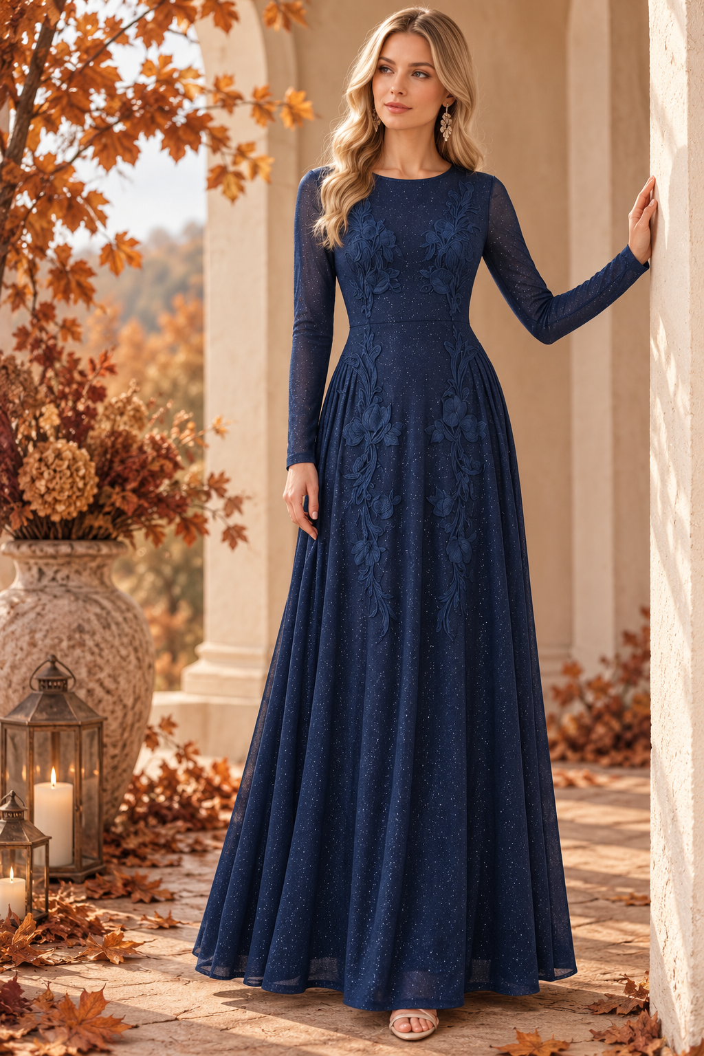 Vestido Largo Elegante de Manga Larga con Bordado Floral, Vestido Maxi Romántico de Noche, Vestido de Fiesta Formal, Vestido para Invitada de Boda, Vestido Corte A