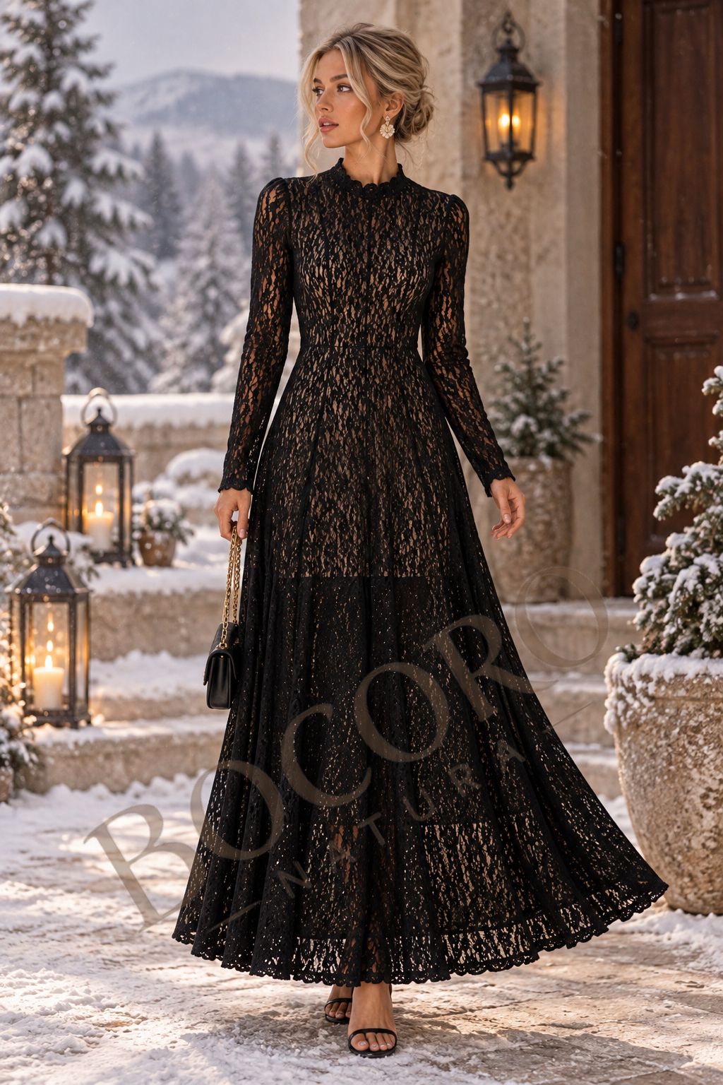 Vestido Largo de Algodón con Encaje y Manga Larga – Elegante y Romántico