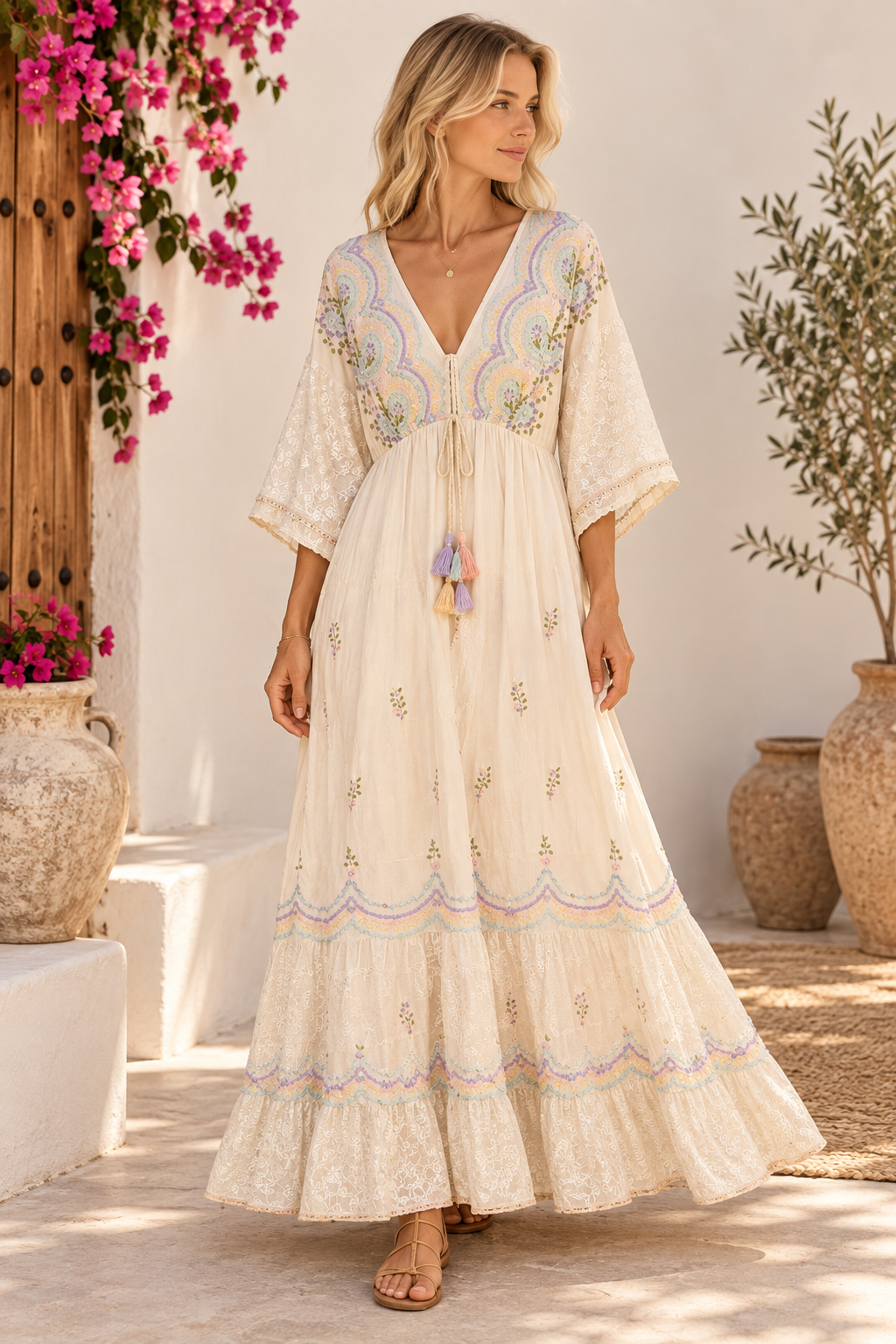 Vestido Bohemio Bordado 100% Algodón