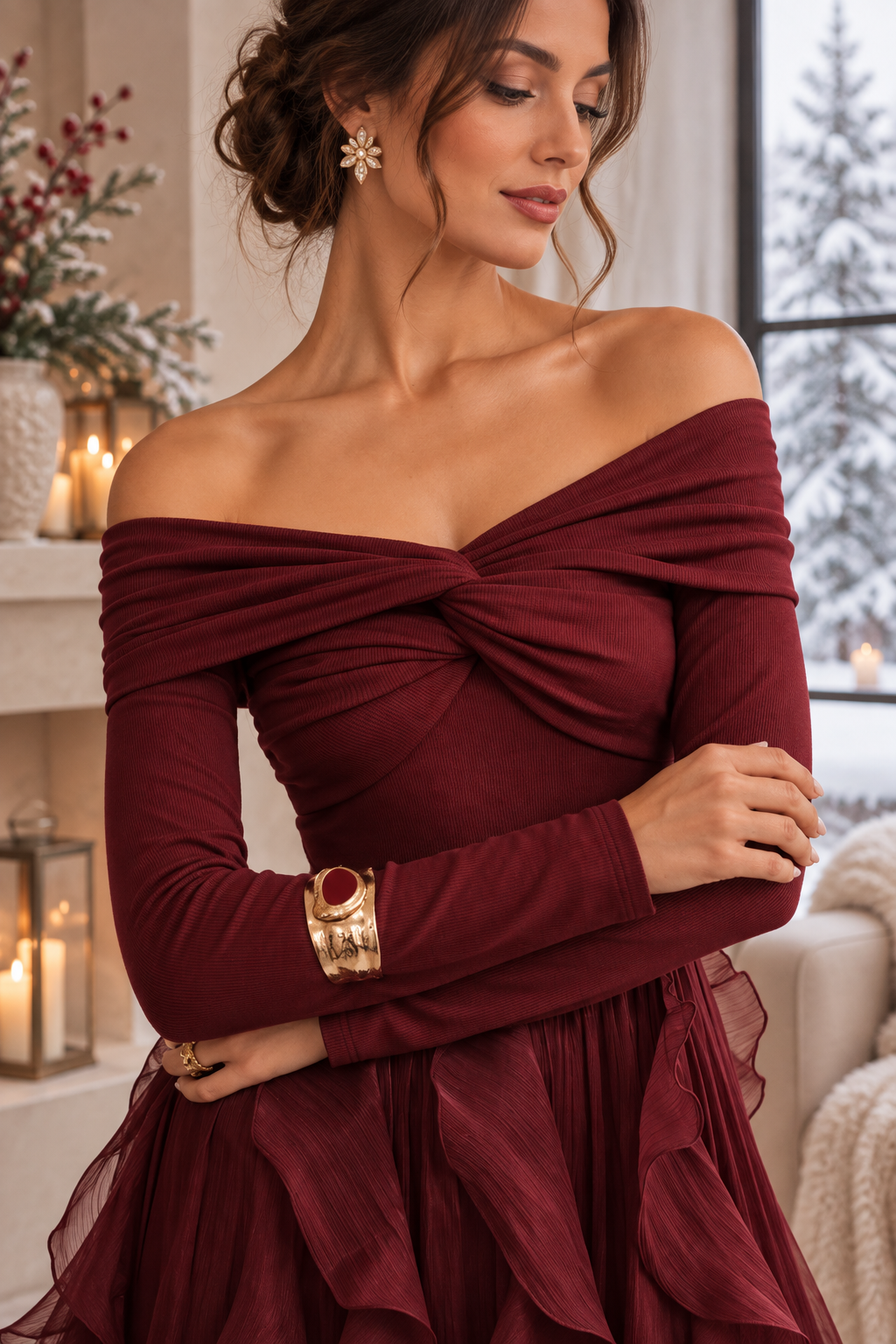 Vestido Largo Escote Bardot, Vestido de Volantes de Manga Larga, Vestido Elegante