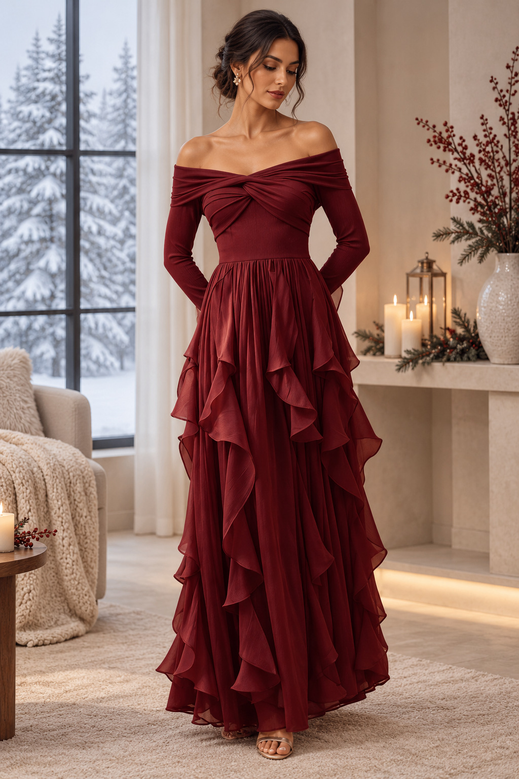 Vestido Largo Escote Bardot, Vestido de Volantes de Manga Larga, Vestido Elegante