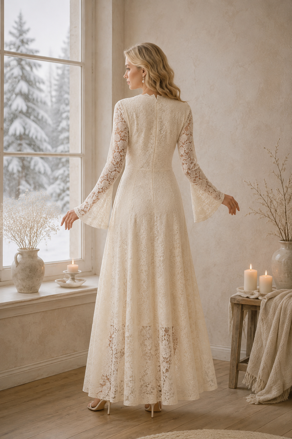 Vestido Largo de Encaje Marfil, Vestido Romántico de Manga Larga, Vestido Vintage para Invitada de Boda, Vestido Boho Elegante, Vestido Formal Femenino