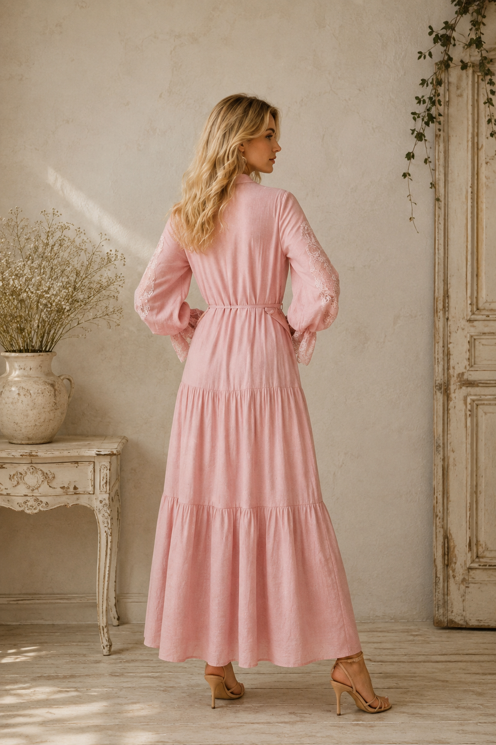Vestido Rosa de Lyocell, Vestido Midi Romántico con Encaje, Vestido Vintage de Manga Larga, Vestido Bohemio, Vestido Abotonado de Estilo Cottagecore