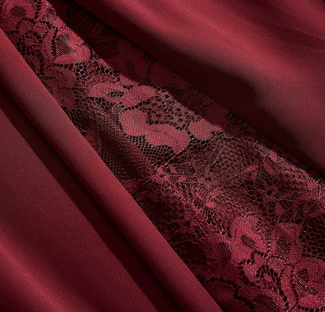 Vestido Largo Burdeos de Encaje, Vestido Elegante de Manga Larga, Vestido de Noche con Cintura Fruncida, Vestido Formal para Fiesta, Invitada de Boda