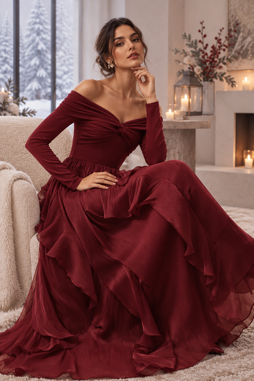 Vestido Largo Escote Bardot, Vestido de Volantes de Manga Larga, Vestido Elegante
