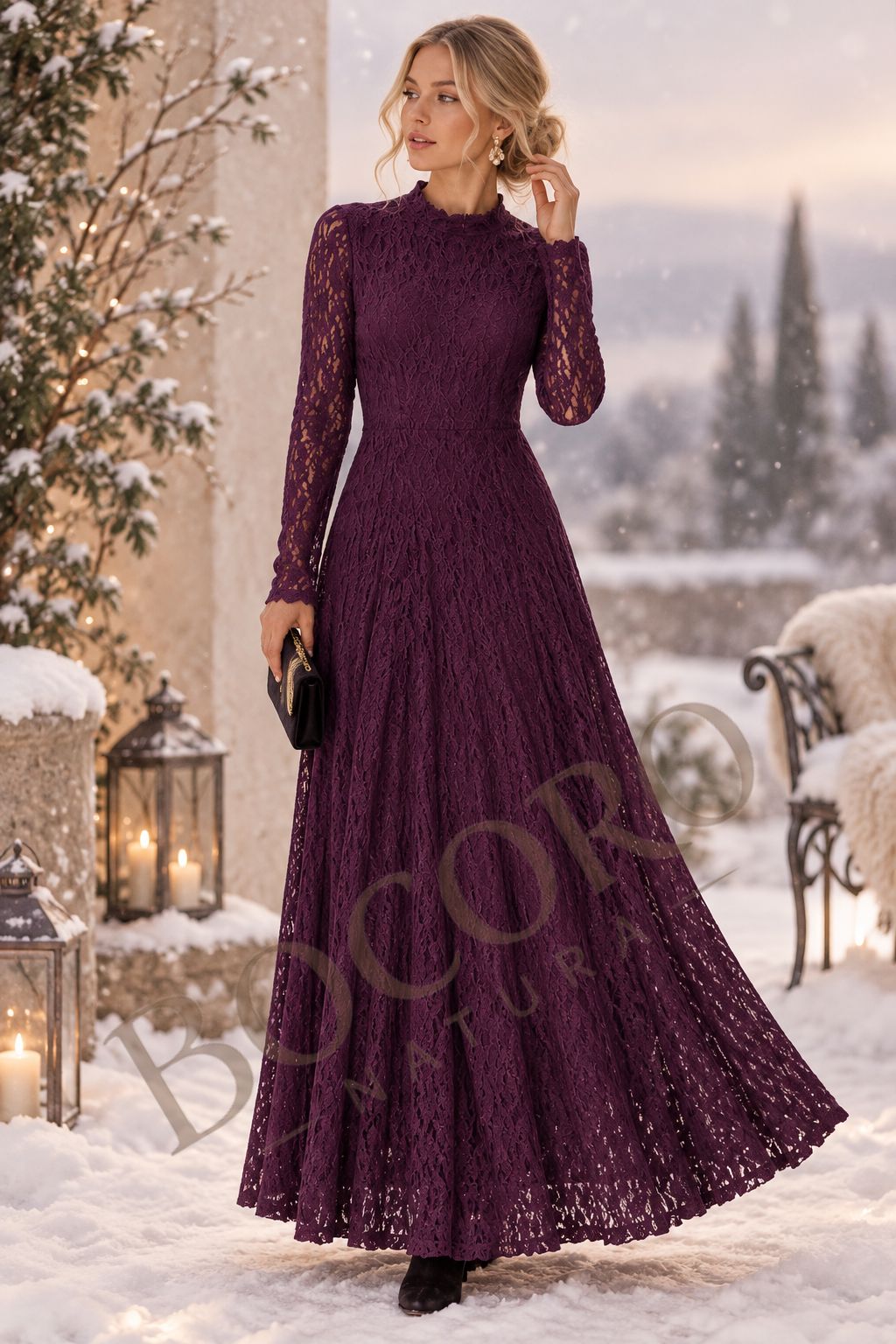 Vestido Largo de Algodón con Encaje y Manga Larga – Elegante y Romántico