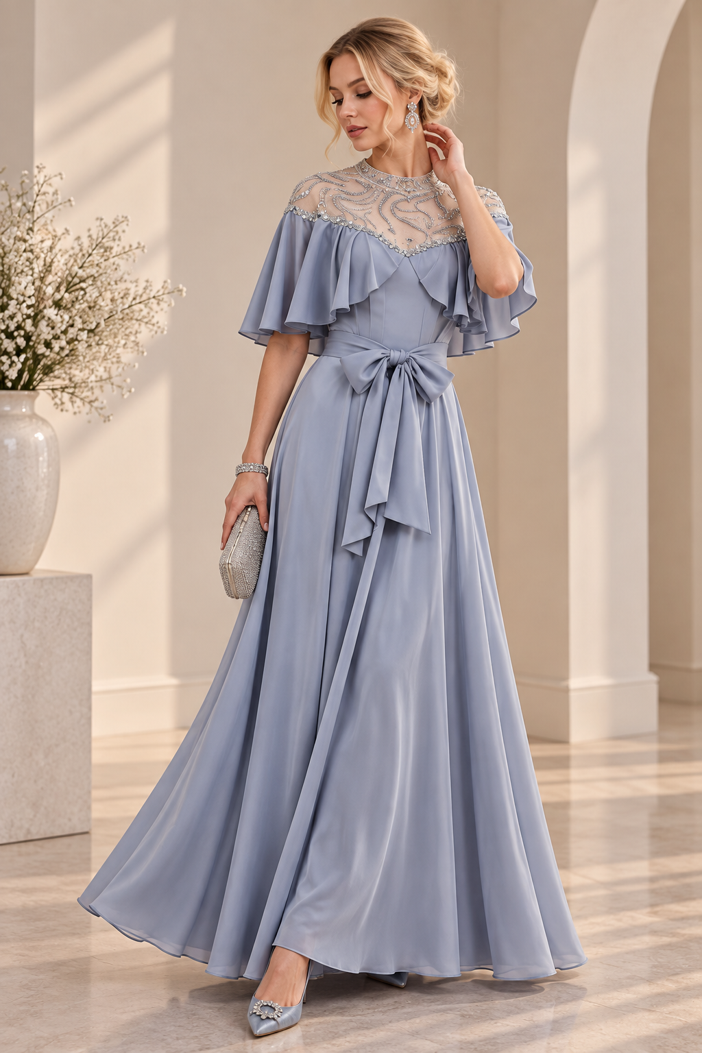 Vestido con capa gris azulon