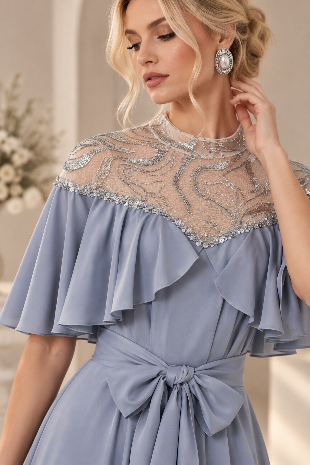 Vestido con capa gris azulon