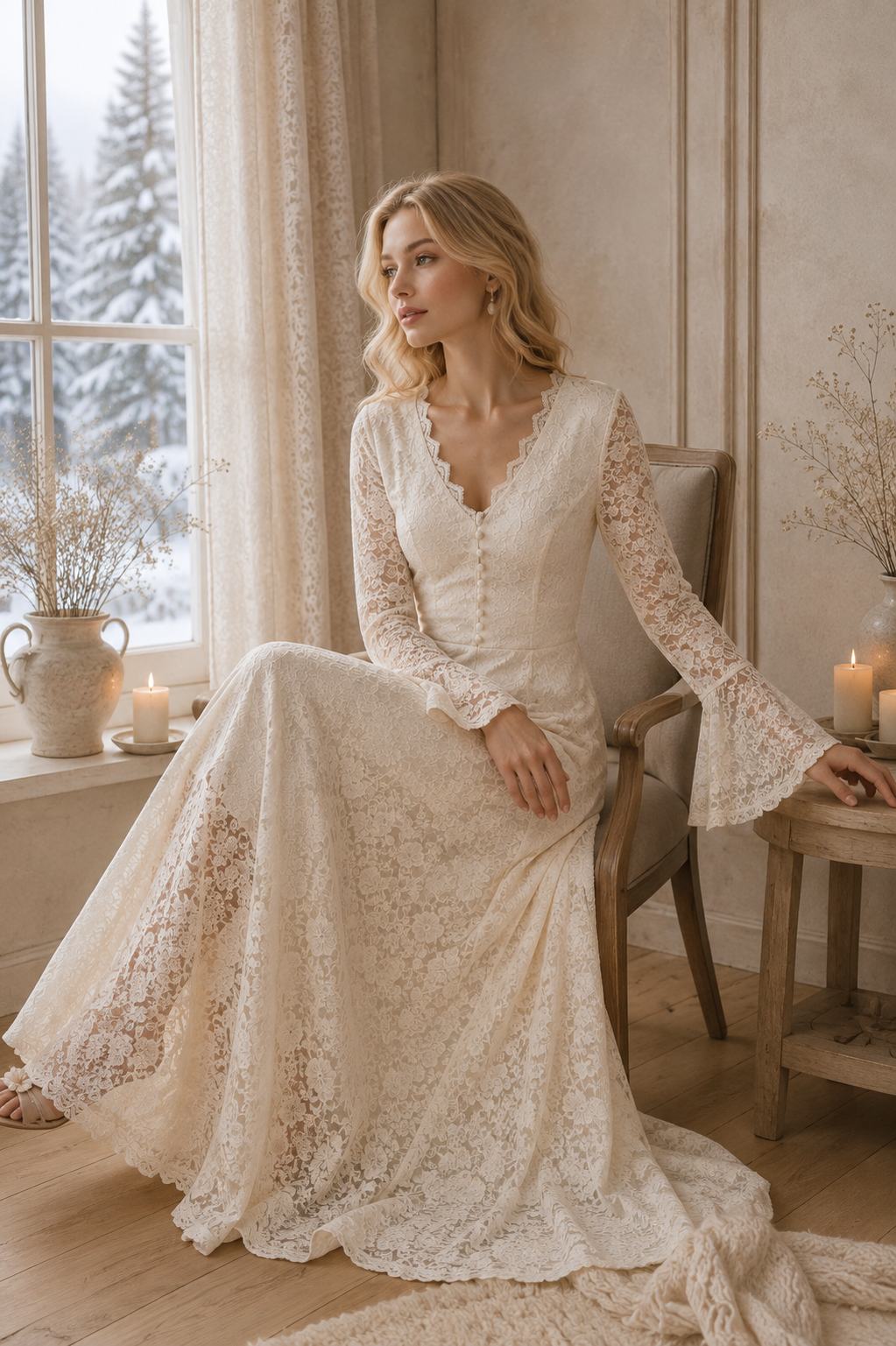 Vestido Largo de Encaje Marfil, Vestido Romántico de Manga Larga, Vestido Vintage para Invitada de Boda, Vestido Boho Elegante, Vestido Formal Femenino