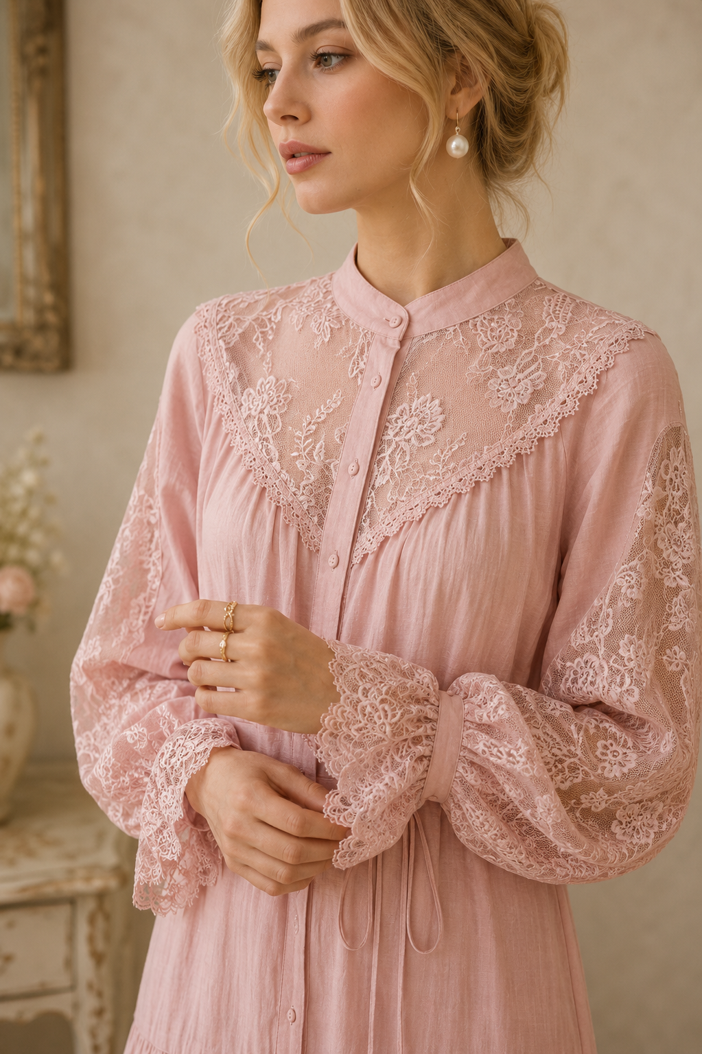 Vestido Rosa de Lyocell, Vestido Midi Romántico con Encaje, Vestido Vintage de Manga Larga, Vestido Bohemio, Vestido Abotonado de Estilo Cottagecore