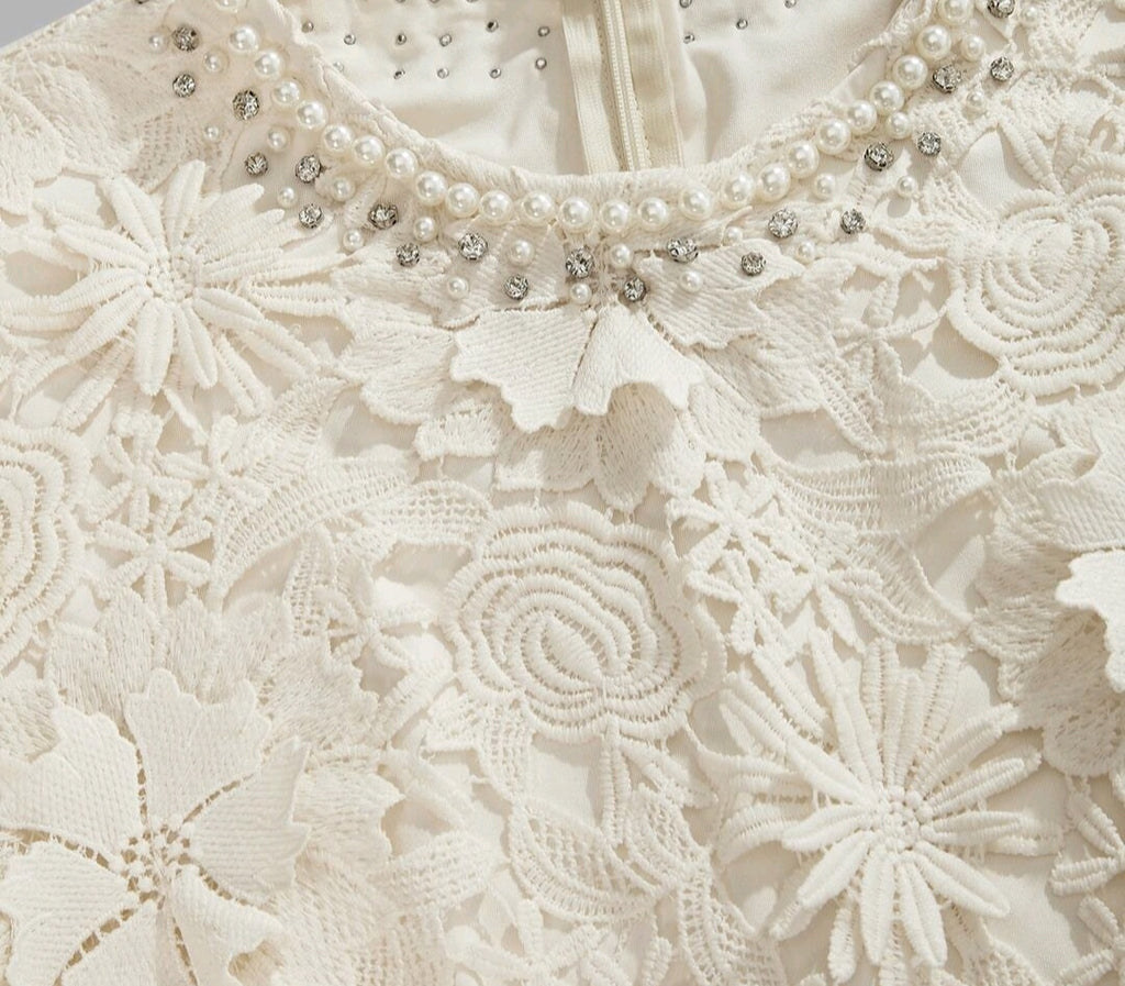 Vestido Largo de Encaje Floral Marfil
