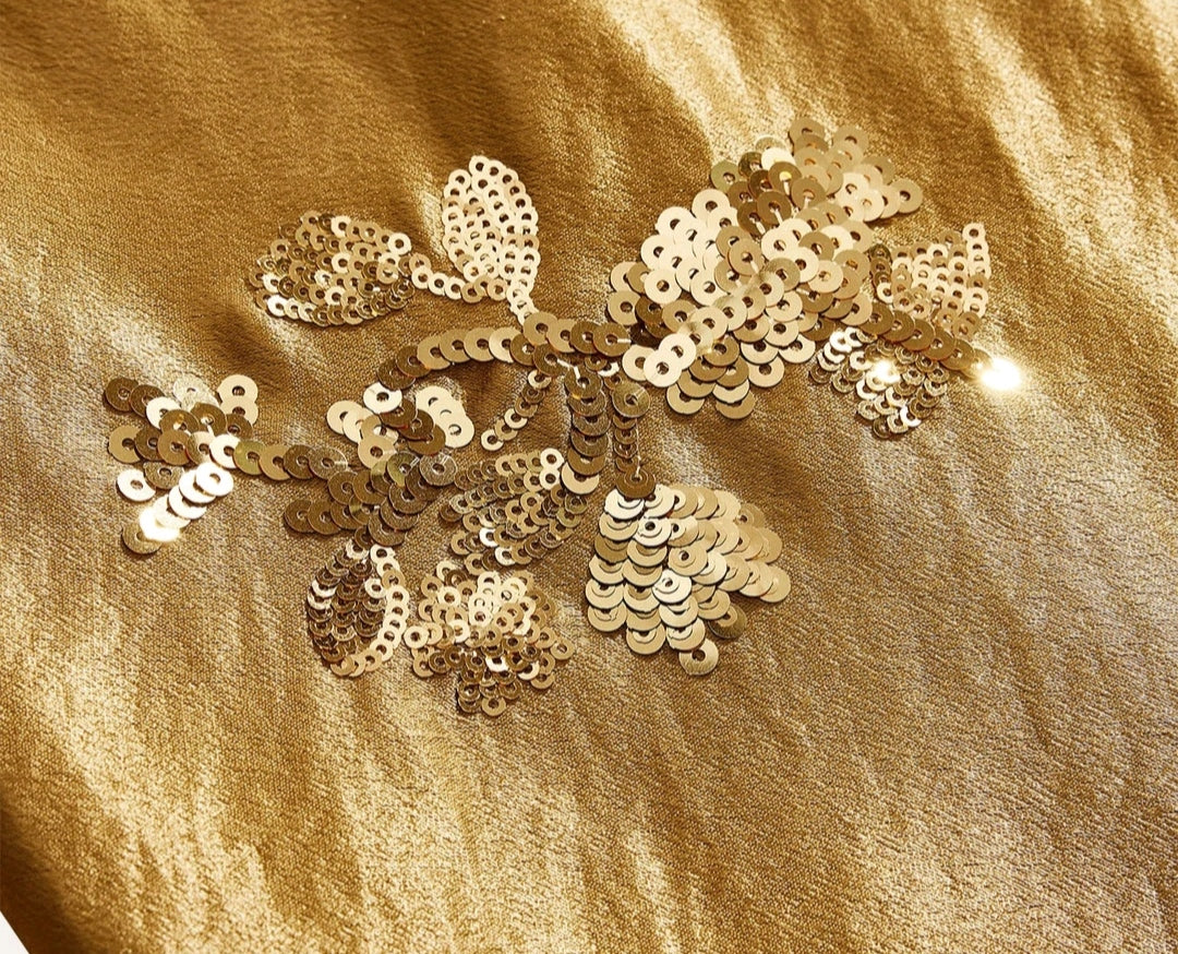 Vestido Largo Dorado de Satén con Lentejuelas, Vestido de Fiesta Elegante, Manga Larga, Vestido de Noche con Bordado Floral de Lentejuelas