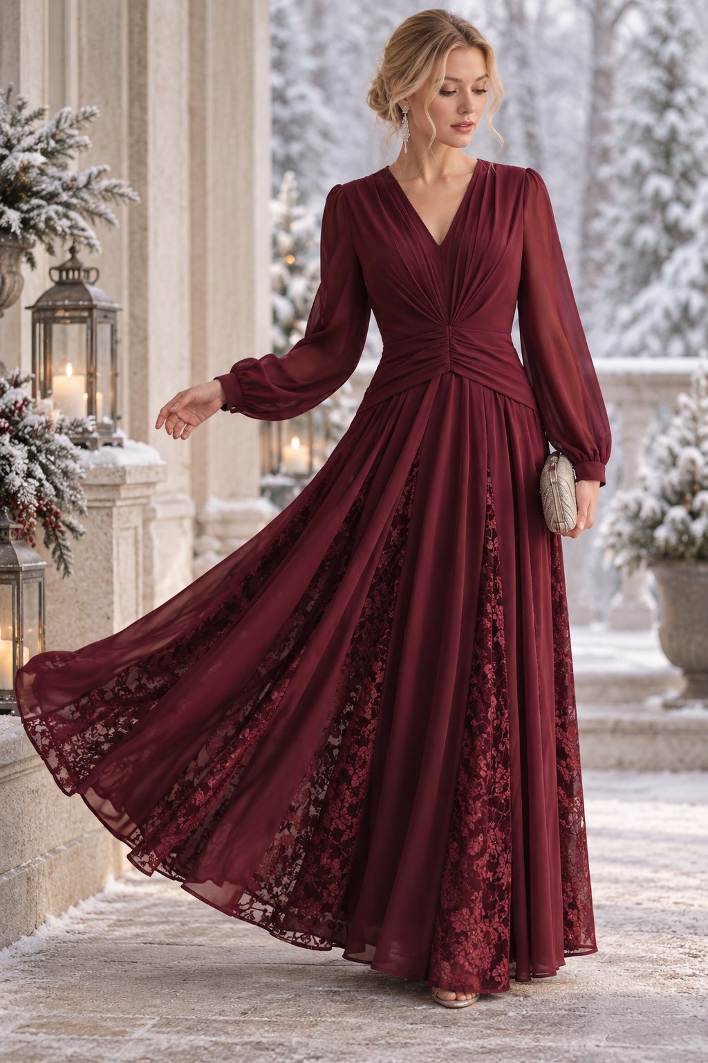 Vestido Largo Burdeos de Encaje, Vestido Elegante de Manga Larga, Vestido de Noche con Cintura Fruncida, Vestido Formal para Fiesta, Invitada de Boda