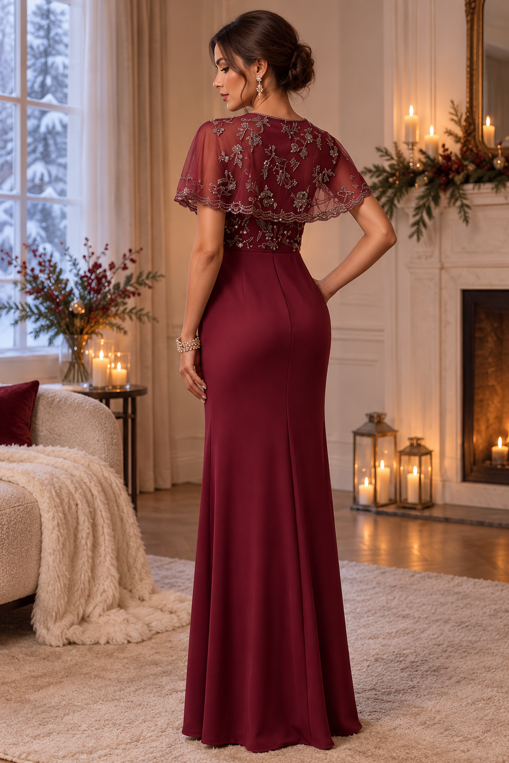 Conjunto de Vestido Largo y Capa con Lentejuelas