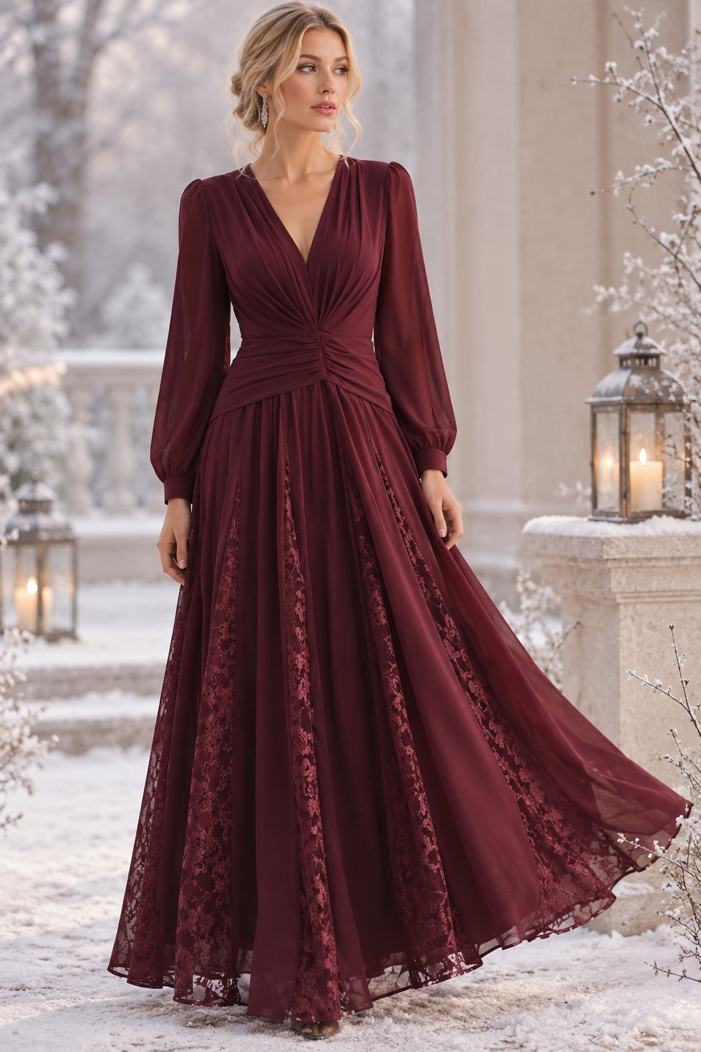 Vestido Largo Burdeos de Encaje, Vestido Elegante de Manga Larga, Vestido de Noche con Cintura Fruncida, Vestido Formal para Fiesta, Invitada de Boda