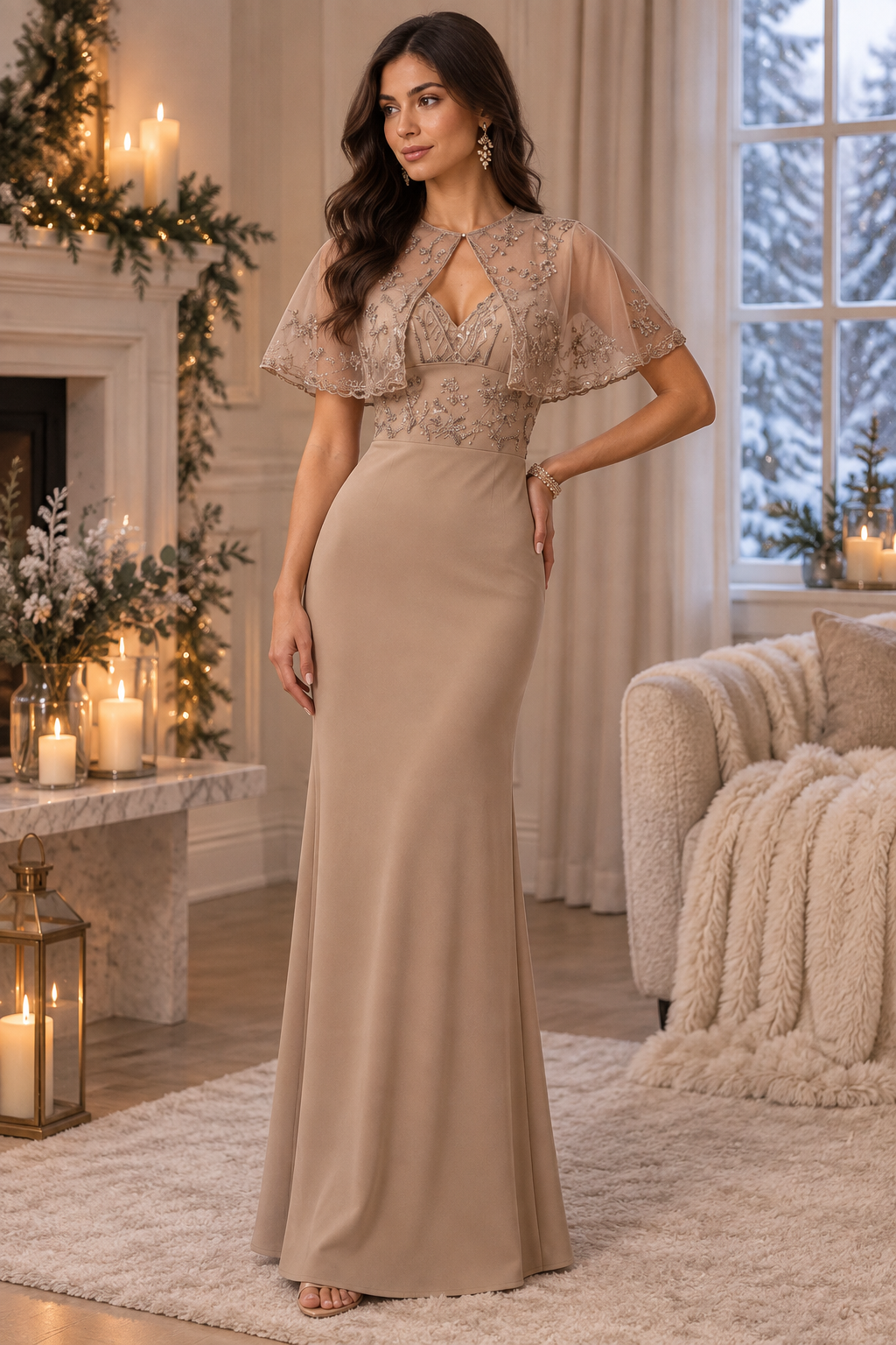 Conjunto de Vestido Largo y Capa con Lentejuelas