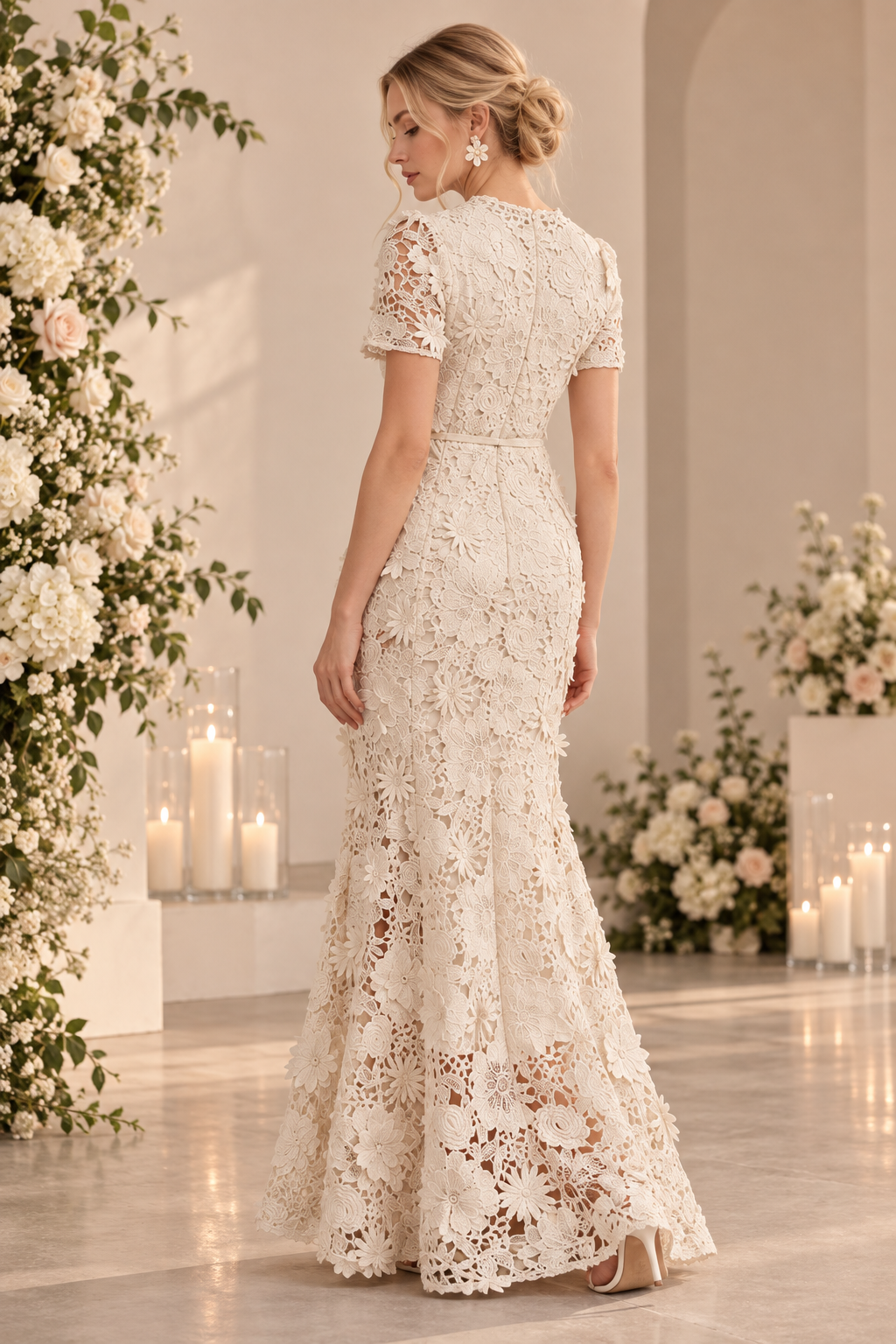Vestido Largo de Encaje Floral Marfil