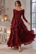 Vestido Largo Escote Bardot, Vestido de Volantes de Manga Larga, Vestido Elegante