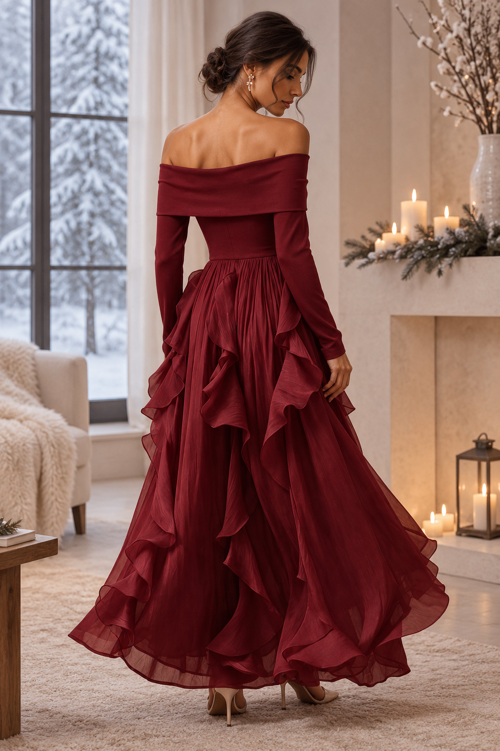 Vestido Largo Escote Bardot, Vestido de Volantes de Manga Larga, Vestido Elegante
