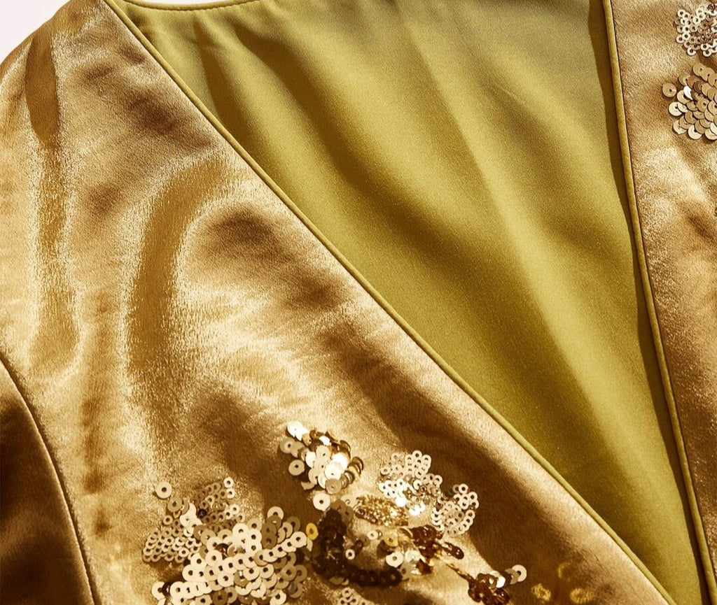 Vestido Largo Dorado de Satén con Lentejuelas, Vestido de Fiesta Elegante, Manga Larga, Vestido de Noche con Bordado Floral de Lentejuelas