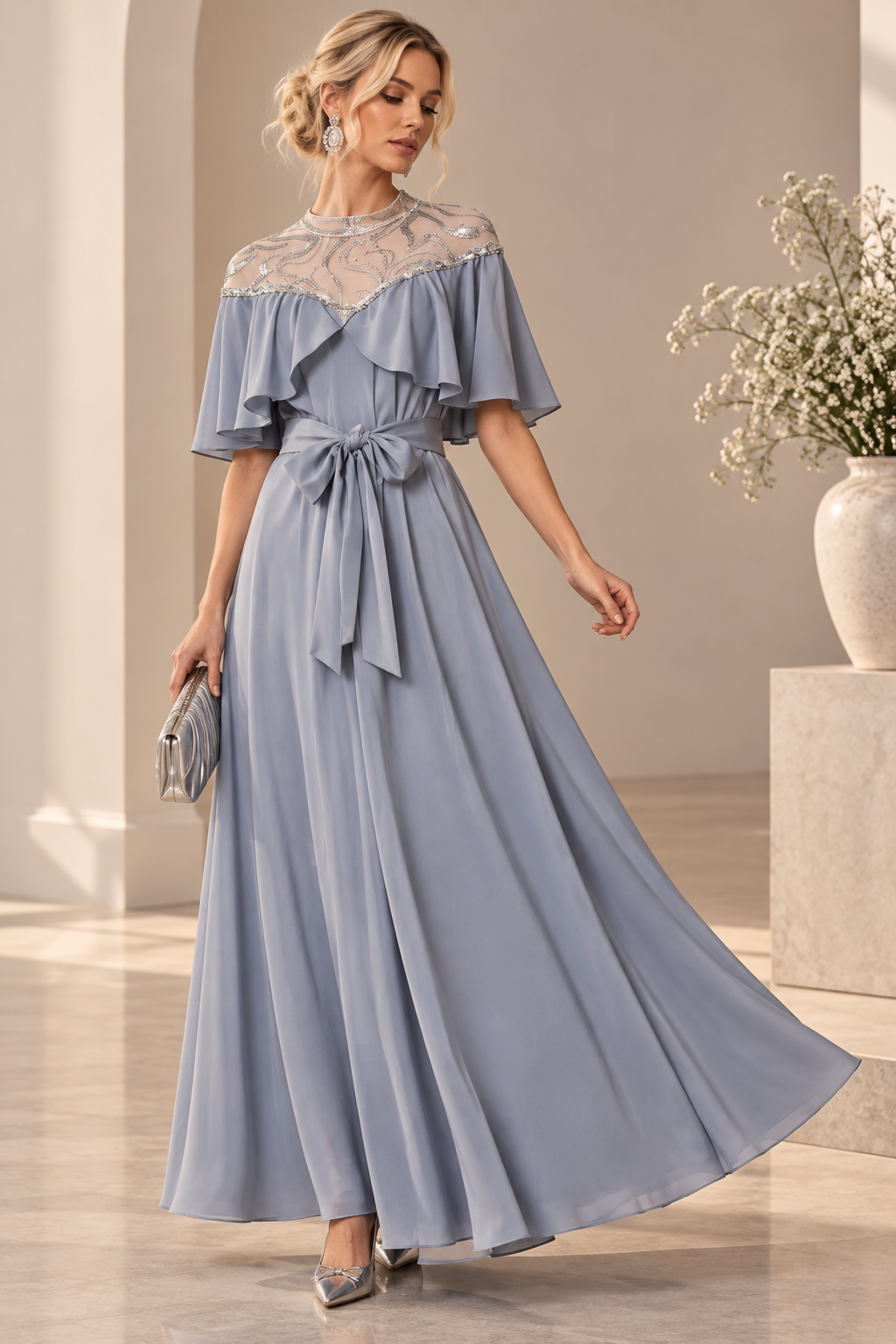 Vestido con capa gris azulon