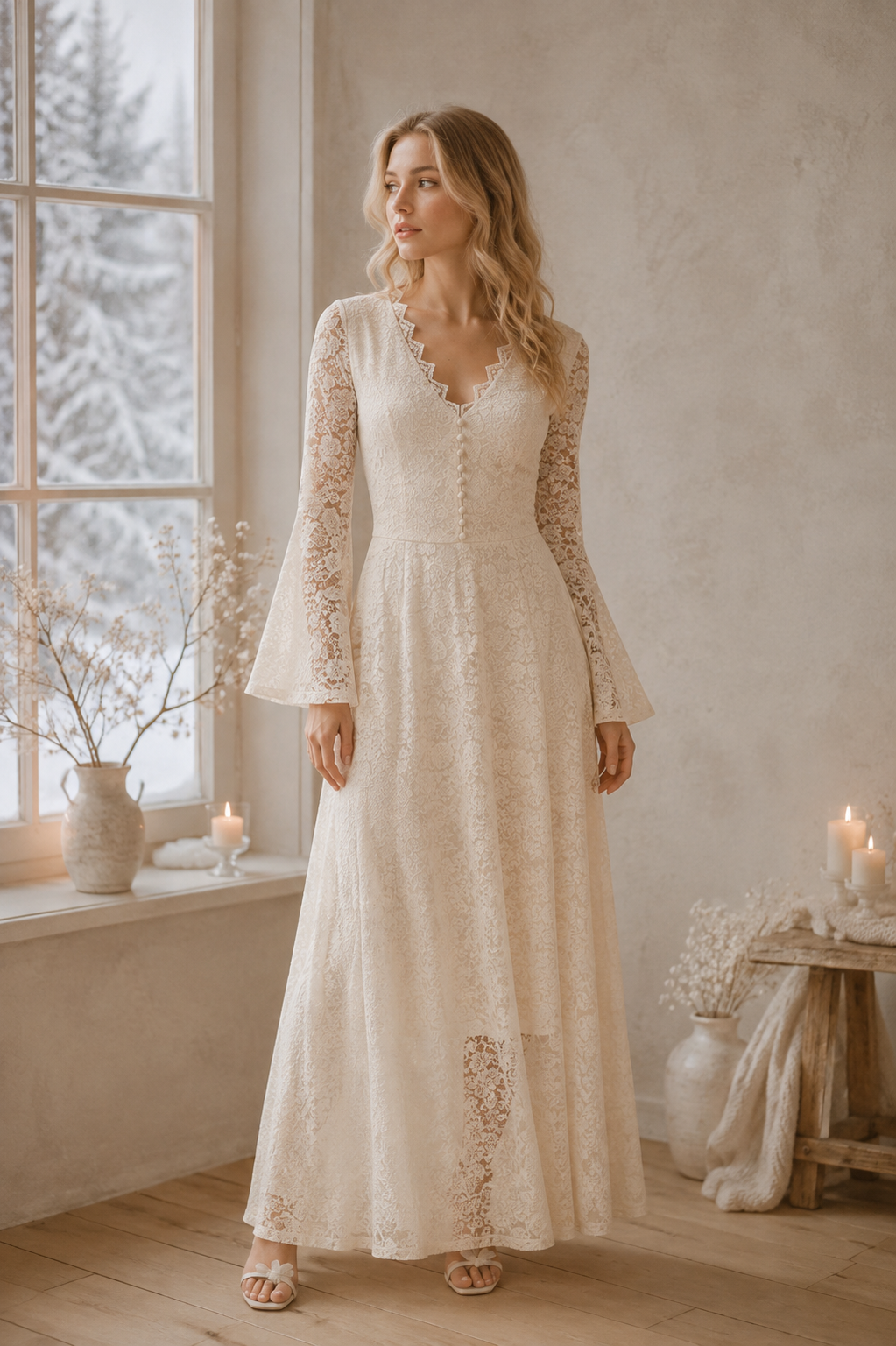 Vestido Largo de Encaje Marfil, Vestido Romántico de Manga Larga, Vestido Vintage para Invitada de Boda, Vestido Boho Elegante, Vestido Formal Femenino
