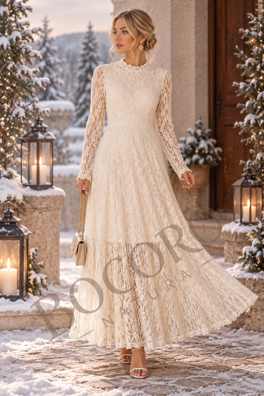 Vestido Largo de Algodón con Encaje y Manga Larga – Elegante y Romántico