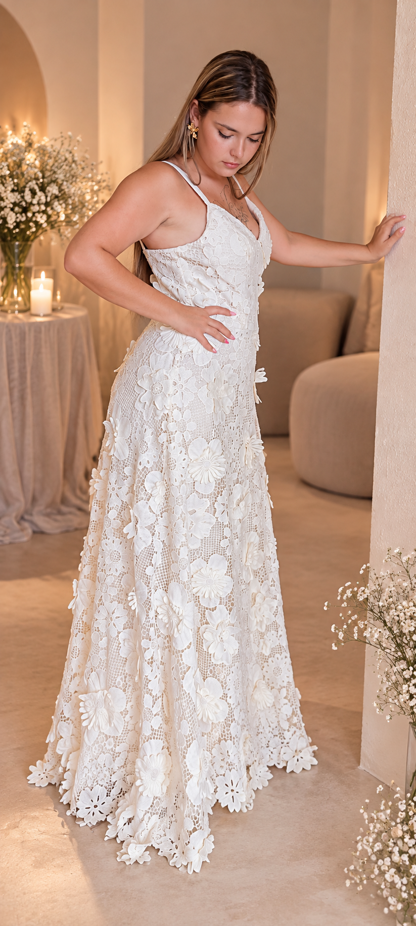 Vestido 3D aplique floral