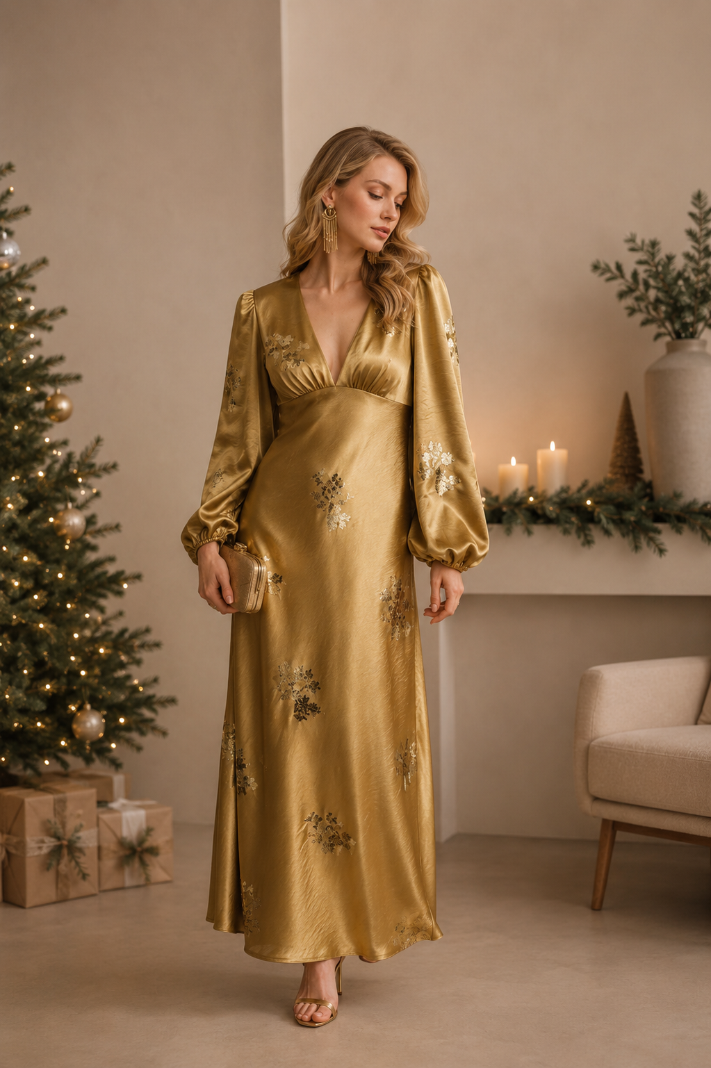 Vestido Largo Dorado de Satén con Lentejuelas, Vestido de Fiesta Elegante, Manga Larga, Vestido de Noche con Bordado Floral de Lentejuelas