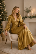 Vestido Largo Dorado de Satén con Lentejuelas, Vestido de Fiesta Elegante, Manga Larga, Vestido de Noche con Bordado Floral de Lentejuelas
